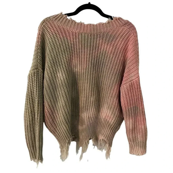 Main Strip Cropped V-Neck Sweater Distressed Hem Two-Toned Pink Tan - Picture 2 of 5